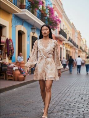 Beige Tie-Dye Long-Sleeve Wrap romper